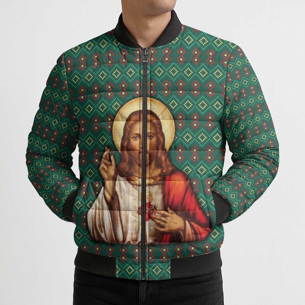 Sacred Heart Jesus Christmas Bomber Puffer Jacket with Festive Green Knit Pattern - Wonder Print Shop