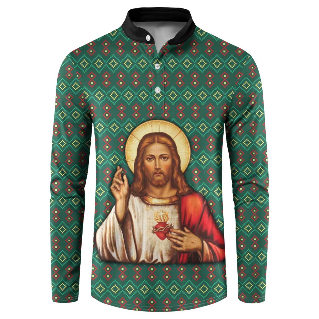 Sacred Heart Jesus Christmas Button Sweatshirt with Festive Green Knit Pattern - Wonder Print Shop