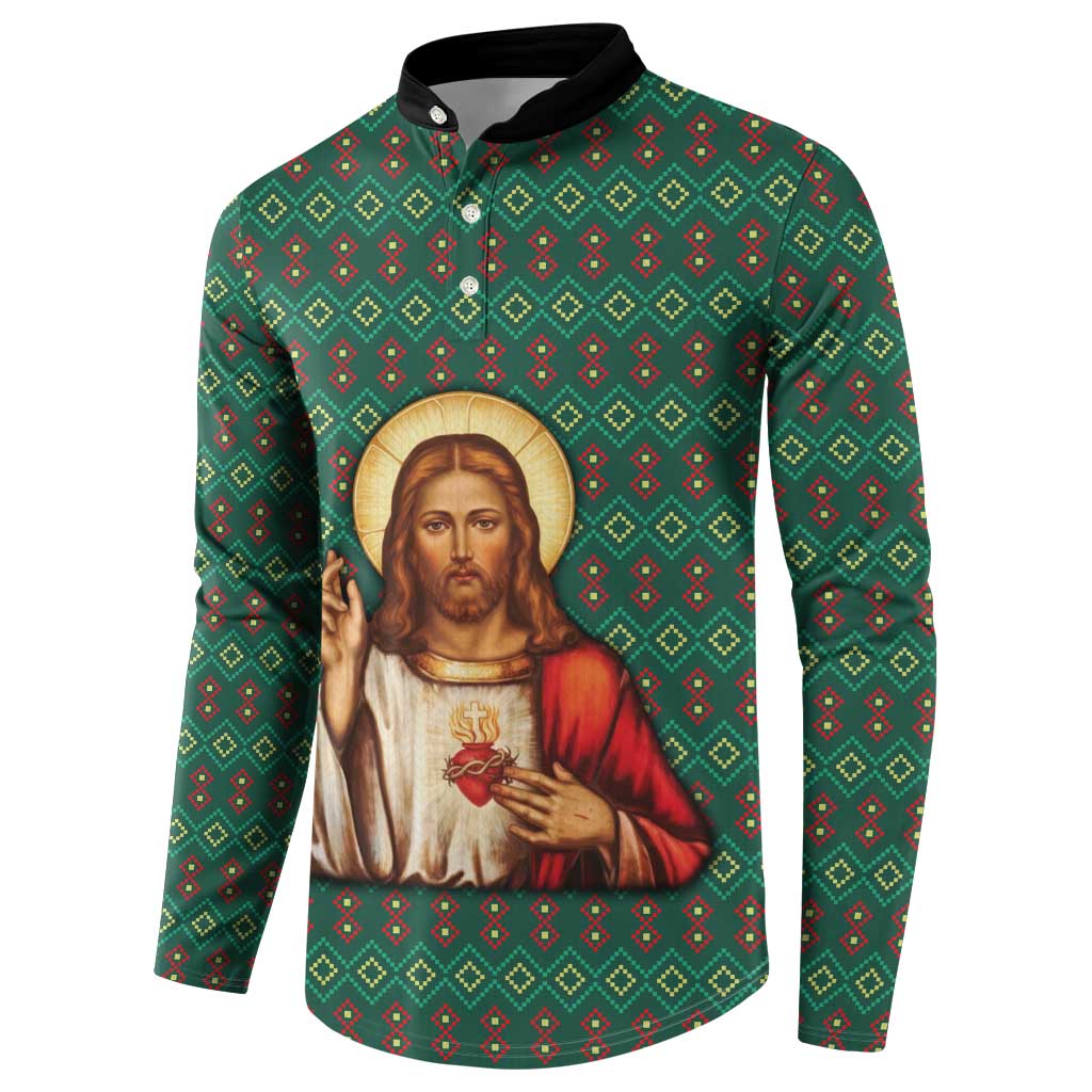Sacred Heart Jesus Christmas Button Sweatshirt with Festive Green Knit Pattern - Wonder Print Shop