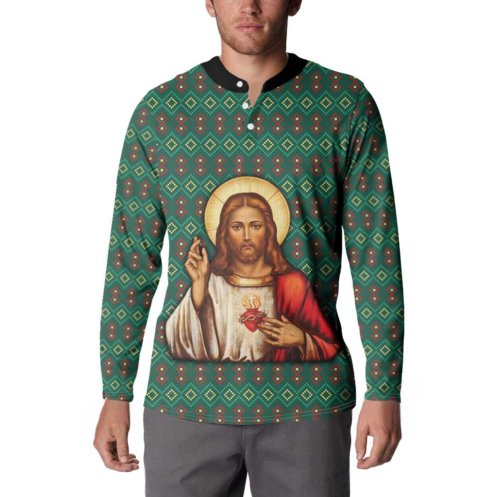 Sacred Heart Jesus Christmas Button Sweatshirt with Festive Green Knit Pattern - Wonder Print Shop