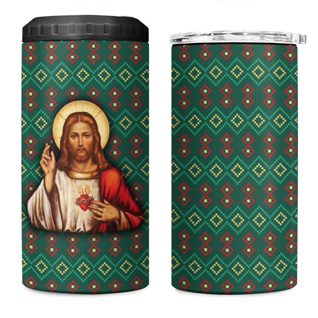 Sacred Heart Jesus Christmas 4 in 1 Can Cooler Tumbler with Festive Green Knit Pattern - Wonder Print Shop