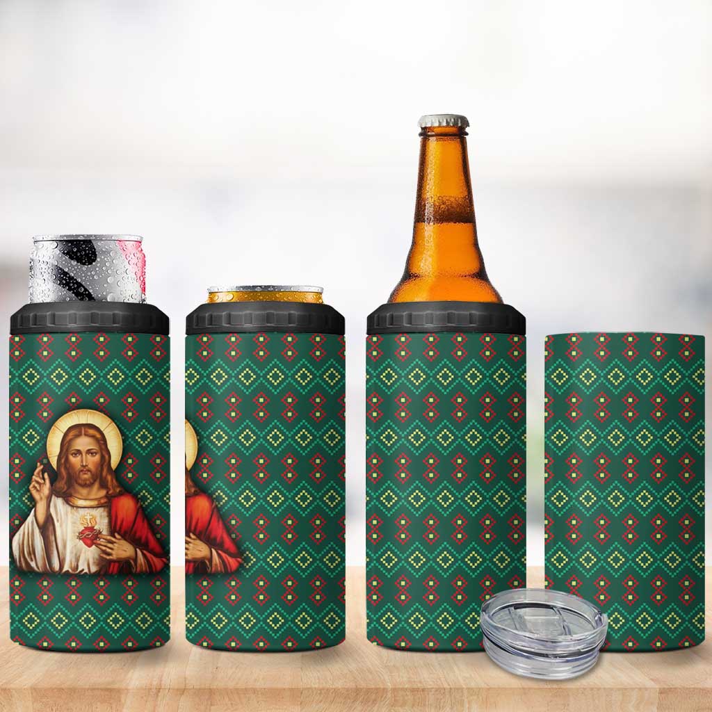 Sacred Heart Jesus Christmas 4 in 1 Can Cooler Tumbler with Festive Green Knit Pattern - Wonder Print Shop