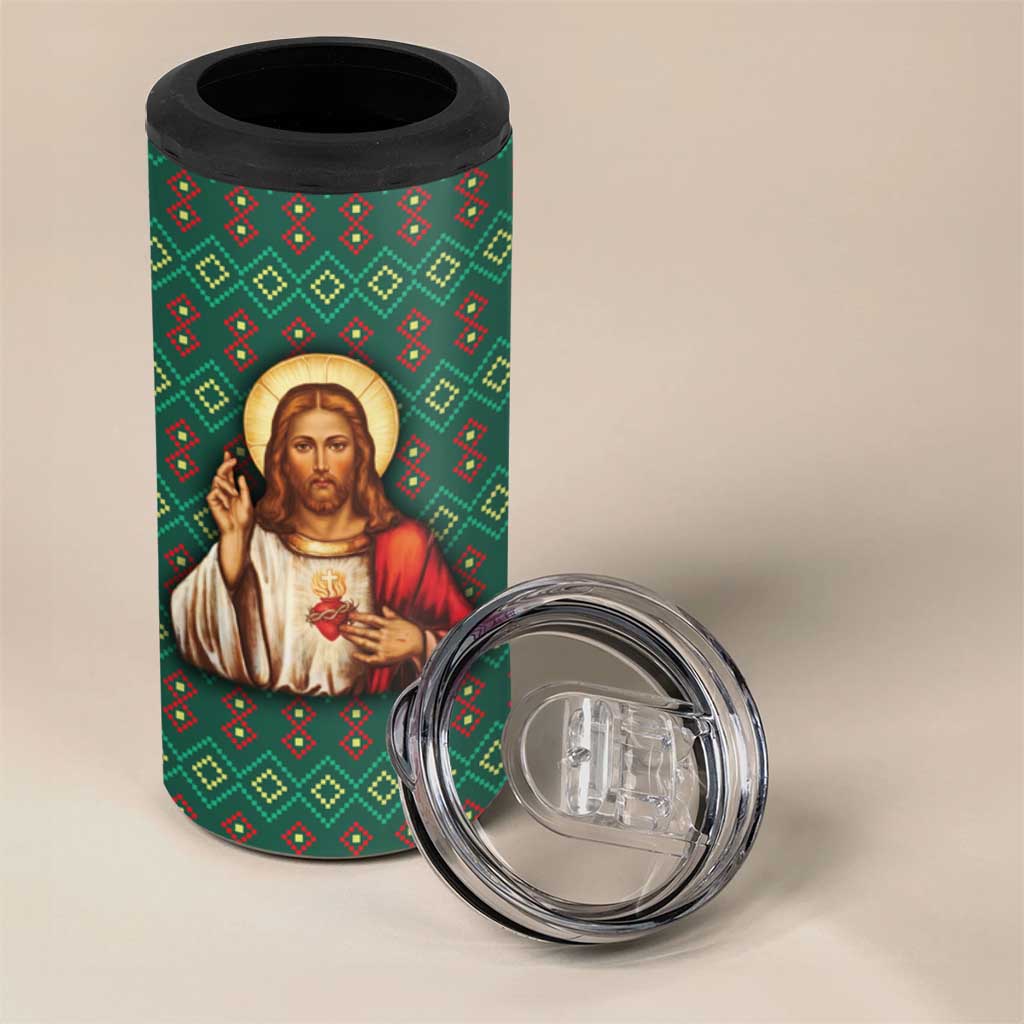 Sacred Heart Jesus Christmas 4 in 1 Can Cooler Tumbler with Festive Green Knit Pattern - Wonder Print Shop