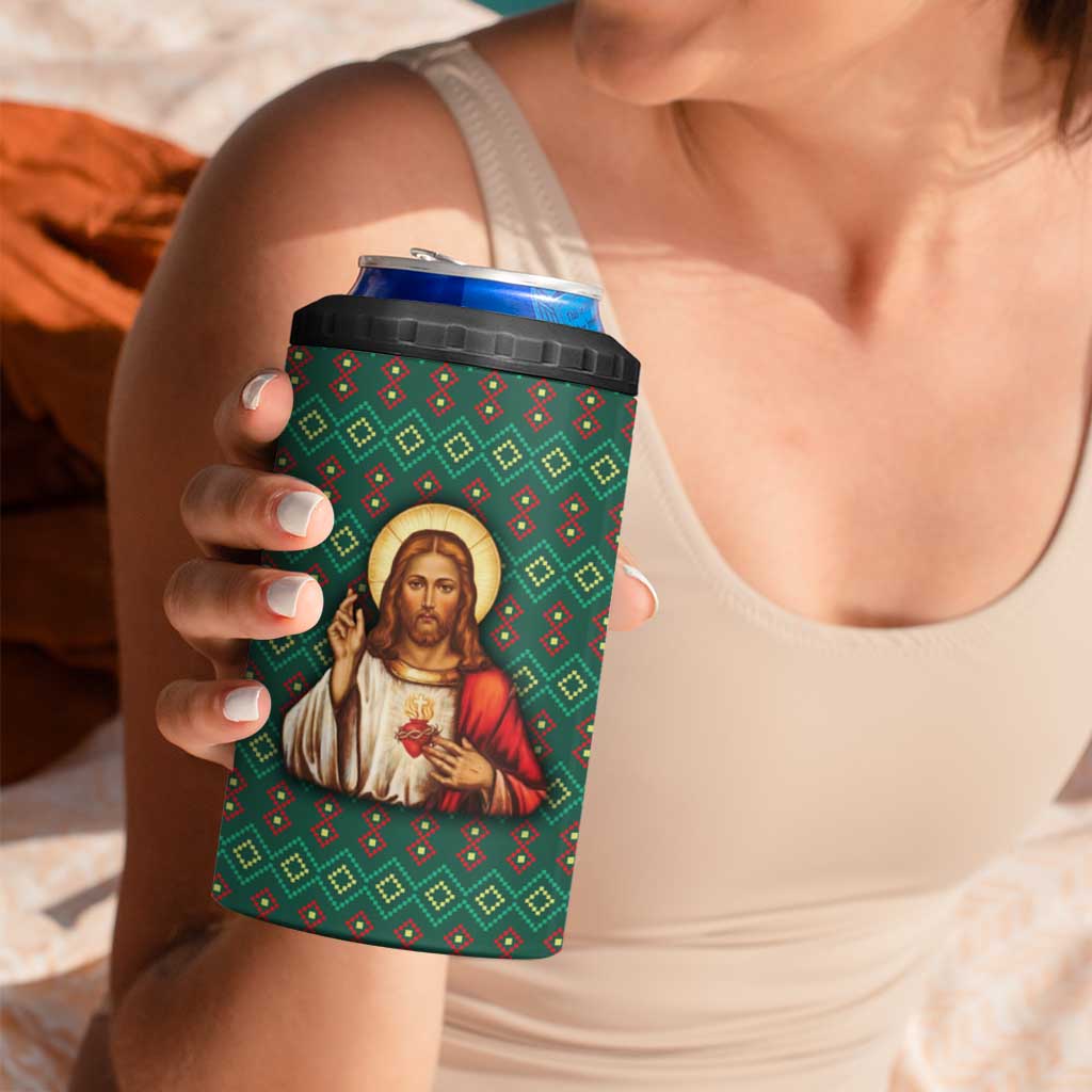 Sacred Heart Jesus Christmas 4 in 1 Can Cooler Tumbler with Festive Green Knit Pattern - Wonder Print Shop