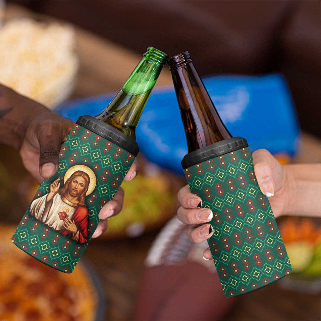 Sacred Heart Jesus Christmas 4 in 1 Can Cooler Tumbler with Festive Green Knit Pattern - Wonder Print Shop