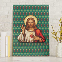 Sacred Heart Jesus Christmas Canvas Wall Art with Festive Green Knit Pattern - Wonder Print Shop