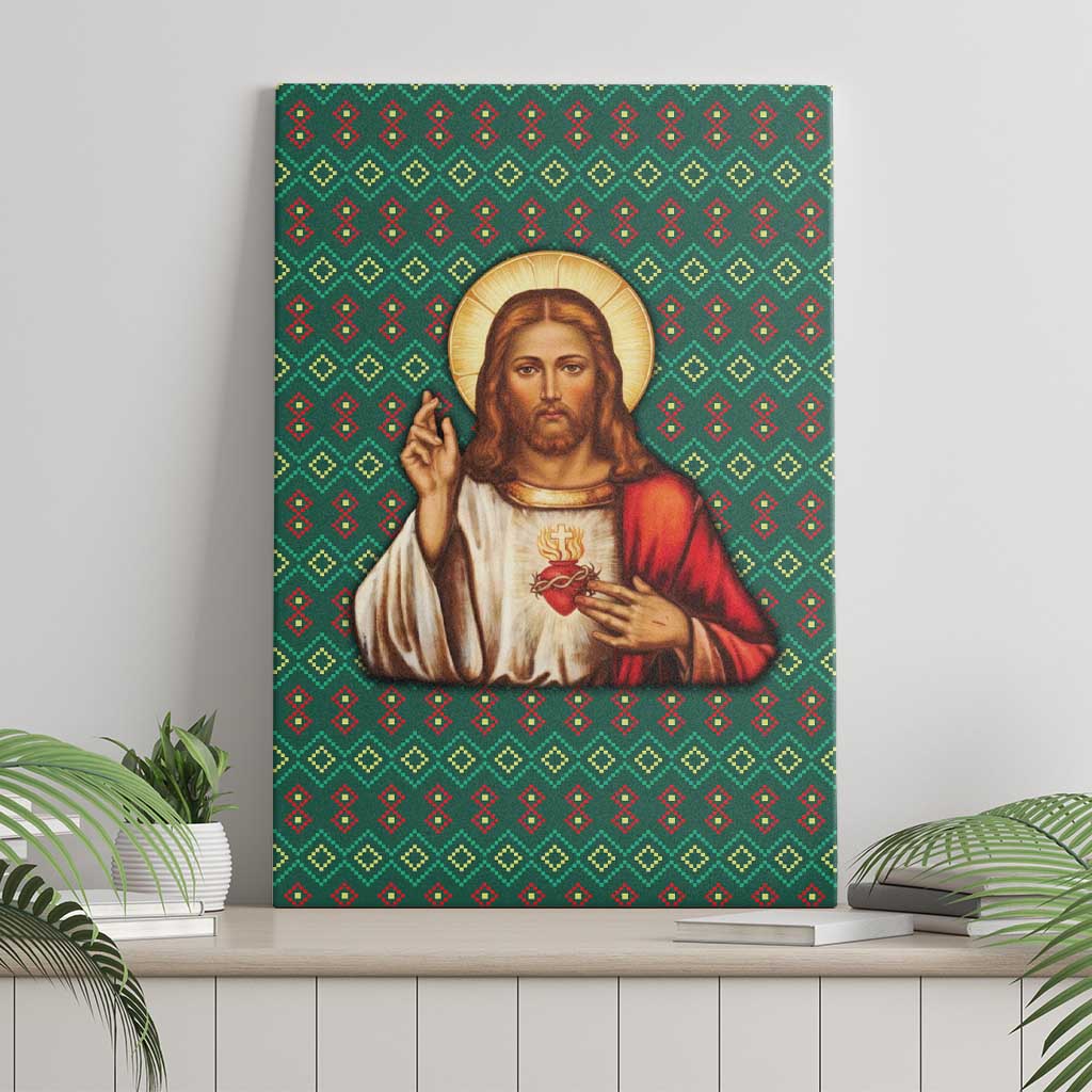 Sacred Heart Jesus Christmas Canvas Wall Art with Festive Green Knit Pattern - Wonder Print Shop
