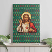 Sacred Heart Jesus Christmas Canvas Wall Art with Festive Green Knit Pattern - Wonder Print Shop