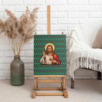 Sacred Heart Jesus Christmas Canvas Wall Art with Festive Green Knit Pattern - Wonder Print Shop