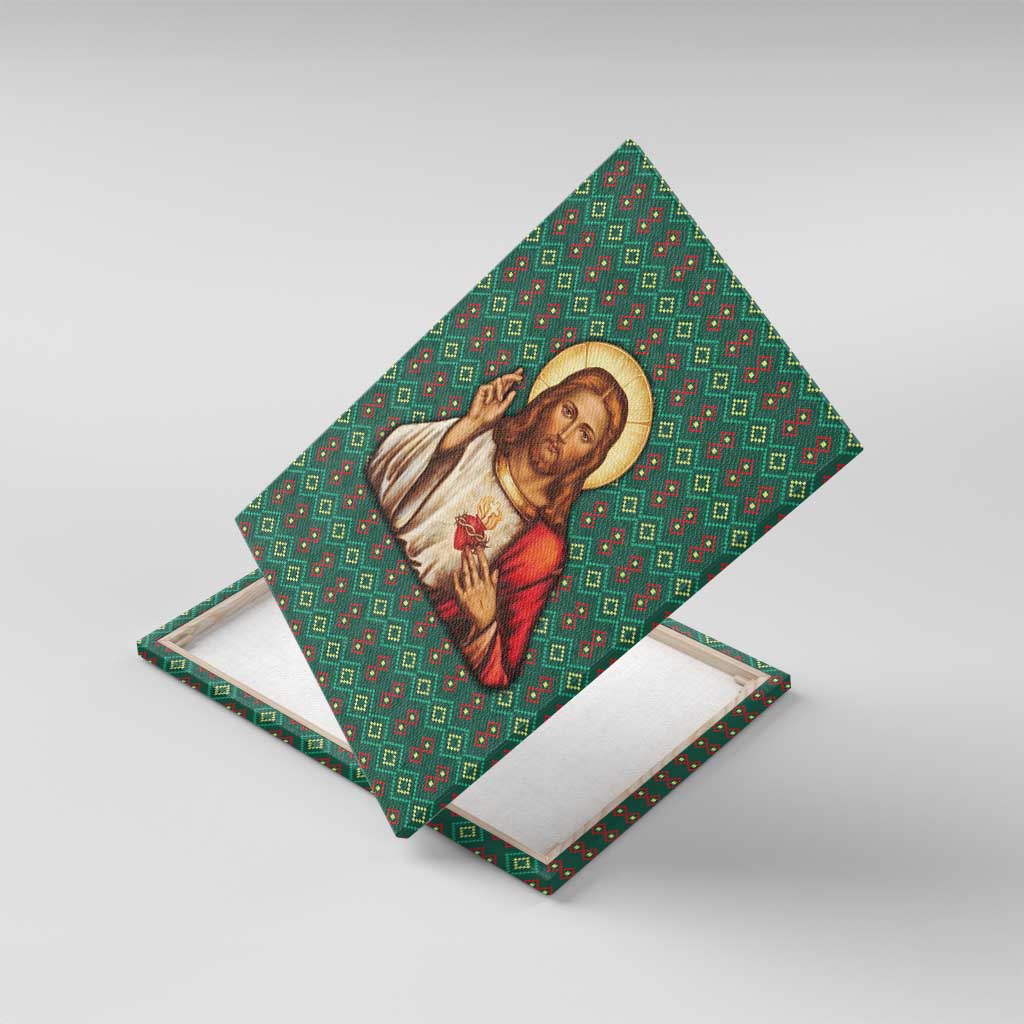 Sacred Heart Jesus Christmas Canvas Wall Art with Festive Green Knit Pattern - Wonder Print Shop