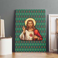 Sacred Heart Jesus Christmas Canvas Wall Art with Festive Green Knit Pattern - Wonder Print Shop