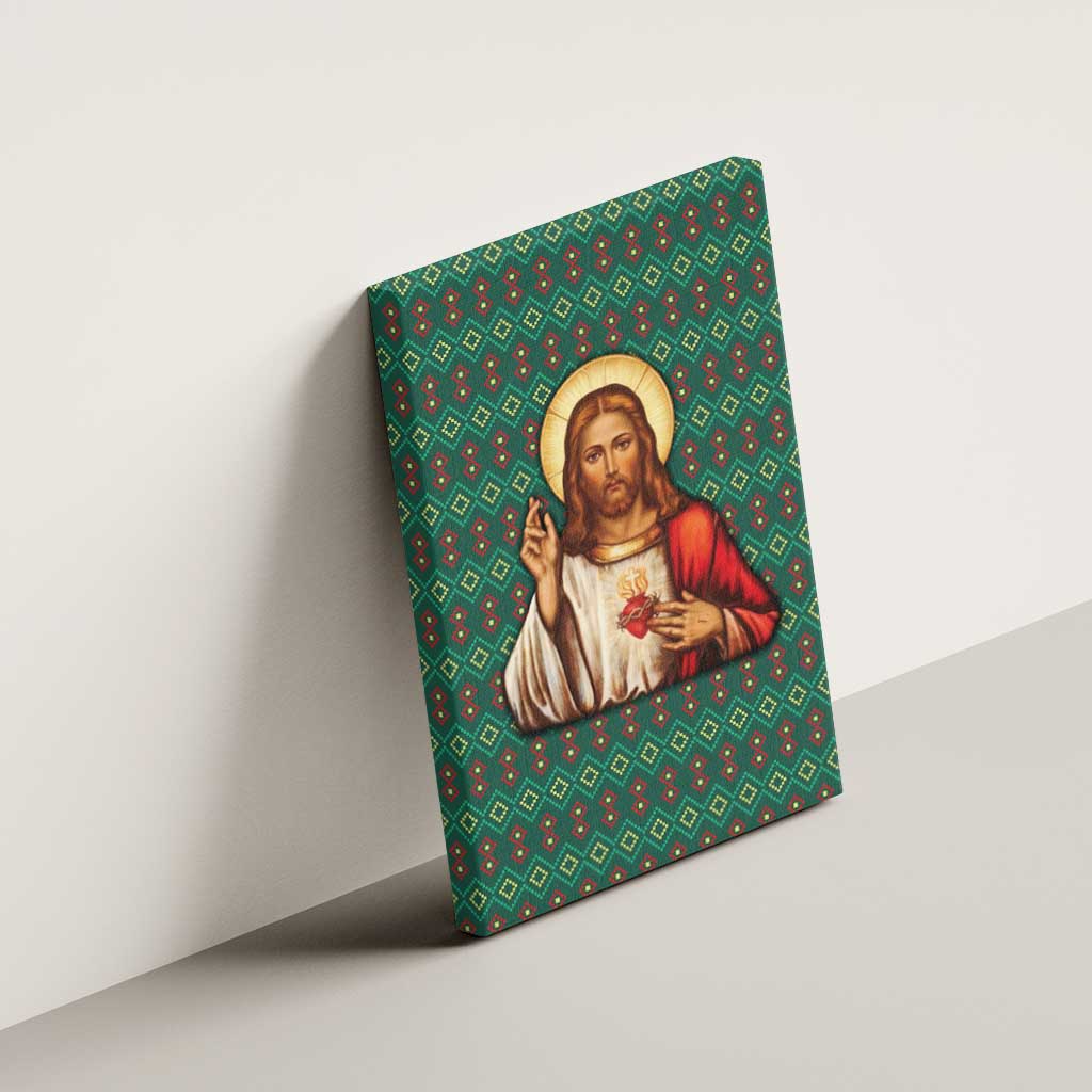 Sacred Heart Jesus Christmas Canvas Wall Art with Festive Green Knit Pattern - Wonder Print Shop