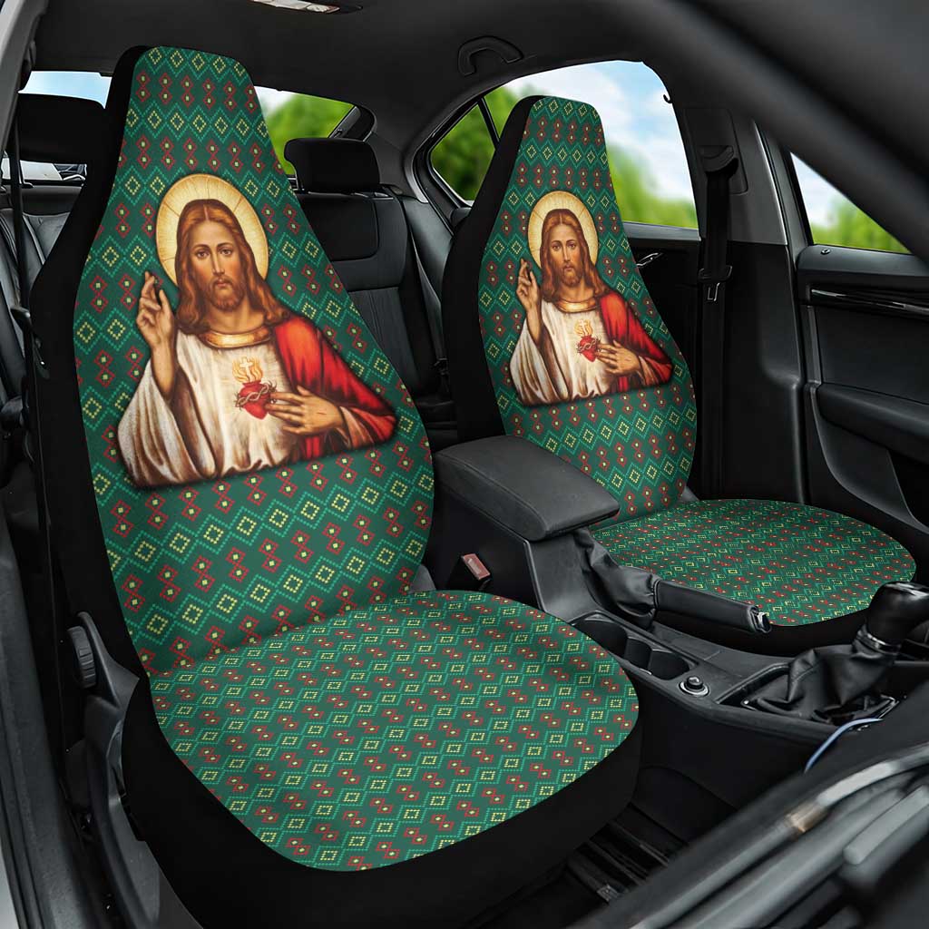 Sacred Heart Jesus Christmas Car Seat Cover with Festive Green Knit Pattern - Wonder Print Shop