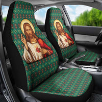 Sacred Heart Jesus Christmas Car Seat Cover with Festive Green Knit Pattern - Wonder Print Shop