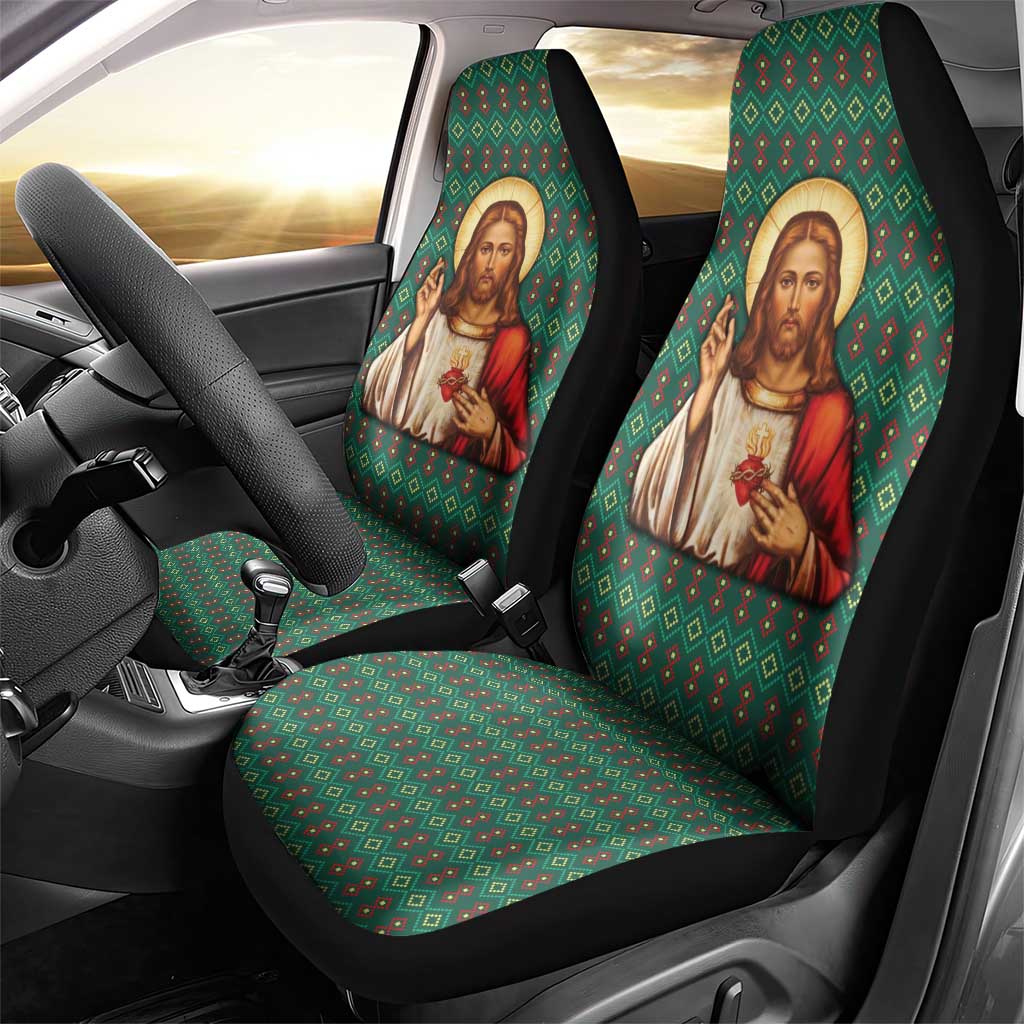 Sacred Heart Jesus Christmas Car Seat Cover with Festive Green Knit Pattern - Wonder Print Shop
