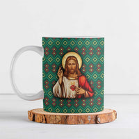 Sacred Heart Jesus Christmas Ceramic Mug with Festive Green Knit Pattern - Wonder Print Shop