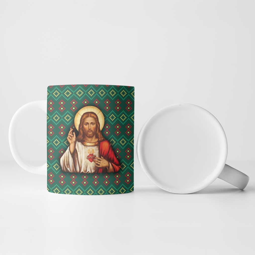 Sacred Heart Jesus Christmas Ceramic Mug with Festive Green Knit Pattern - Wonder Print Shop