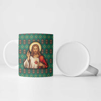 Sacred Heart Jesus Christmas Ceramic Mug with Festive Green Knit Pattern - Wonder Print Shop