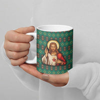 Sacred Heart Jesus Christmas Ceramic Mug with Festive Green Knit Pattern - Wonder Print Shop