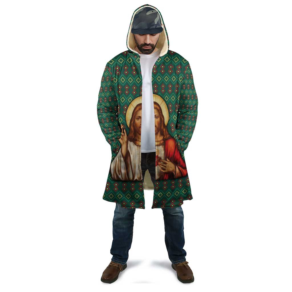 Sacred Heart Jesus Christmas Cloak with Festive Green Knit Pattern - Wonder Print Shop