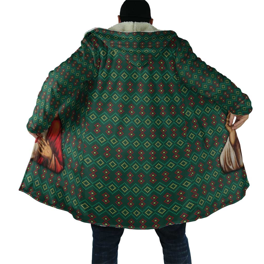 Sacred Heart Jesus Christmas Cloak with Festive Green Knit Pattern - Wonder Print Shop