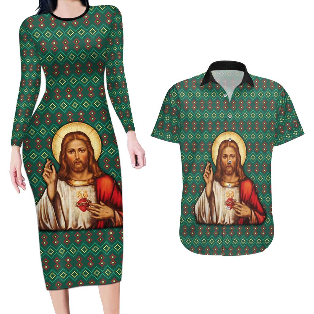 Sacred Heart Jesus Christmas Couples Matching Long Sleeve Bodycon Dress and Hawaiian Shirt with Festive Green Knit Pattern - Wonder Print Shop