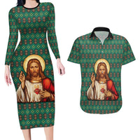 Sacred Heart Jesus Christmas Couples Matching Long Sleeve Bodycon Dress and Hawaiian Shirt with Festive Green Knit Pattern - Wonder Print Shop