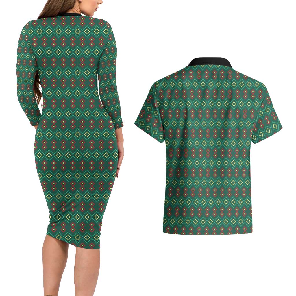 Sacred Heart Jesus Christmas Couples Matching Long Sleeve Bodycon Dress and Hawaiian Shirt with Festive Green Knit Pattern - Wonder Print Shop