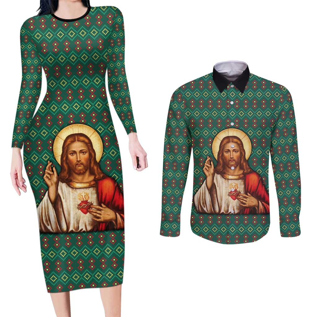 Sacred Heart Jesus Christmas Couples Matching Long Sleeve Bodycon Dress and Long Sleeve Button Shirt with Festive Green Knit Pattern - Wonder Print Shop