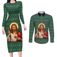 Sacred Heart Jesus Christmas Couples Matching Long Sleeve Bodycon Dress and Long Sleeve Button Shirt with Festive Green Knit Pattern - Wonder Print Shop