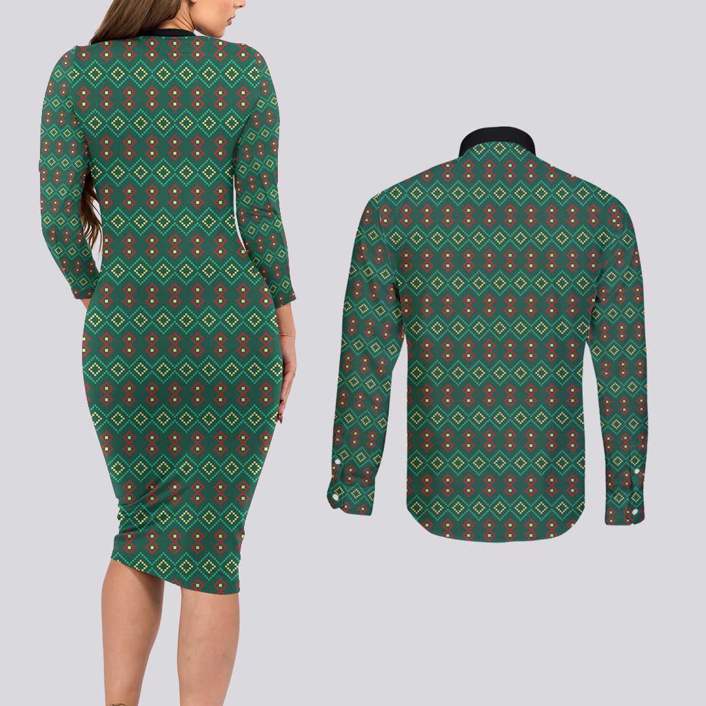 Sacred Heart Jesus Christmas Couples Matching Long Sleeve Bodycon Dress and Long Sleeve Button Shirt with Festive Green Knit Pattern - Wonder Print Shop