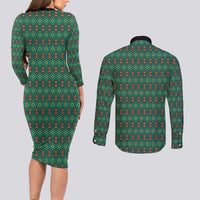 Sacred Heart Jesus Christmas Couples Matching Long Sleeve Bodycon Dress and Long Sleeve Button Shirt with Festive Green Knit Pattern - Wonder Print Shop