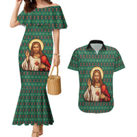 Sacred Heart Jesus Christmas Couples Matching Mermaid Dress and Hawaiian Shirt with Festive Green Knit Pattern - Wonder Print Shop