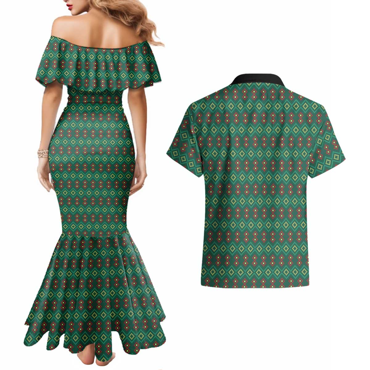 Sacred Heart Jesus Christmas Couples Matching Mermaid Dress and Hawaiian Shirt with Festive Green Knit Pattern - Wonder Print Shop