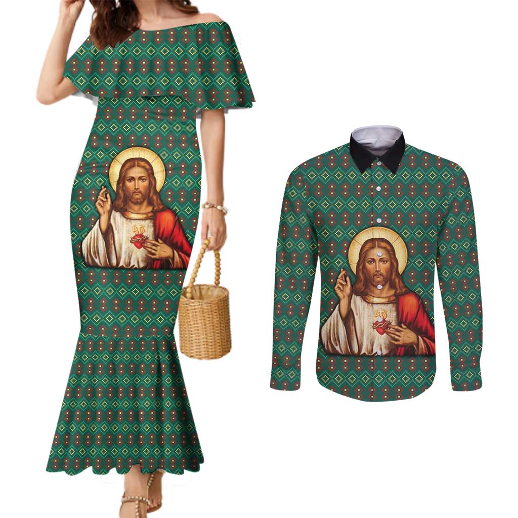 Sacred Heart Jesus Christmas Couples Matching Mermaid Dress and Long Sleeve Button Shirt with Festive Green Knit Pattern - Wonder Print Shop
