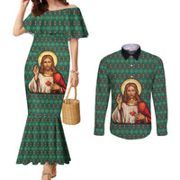 Sacred Heart Jesus Christmas Couples Matching Mermaid Dress and Long Sleeve Button Shirt with Festive Green Knit Pattern - Wonder Print Shop