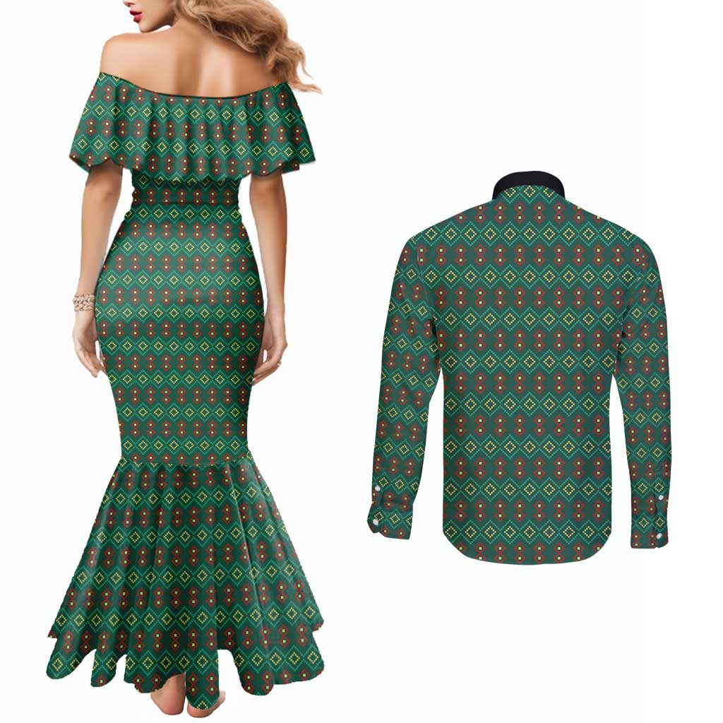 Sacred Heart Jesus Christmas Couples Matching Mermaid Dress and Long Sleeve Button Shirt with Festive Green Knit Pattern - Wonder Print Shop