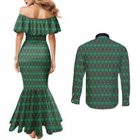 Sacred Heart Jesus Christmas Couples Matching Mermaid Dress and Long Sleeve Button Shirt with Festive Green Knit Pattern - Wonder Print Shop