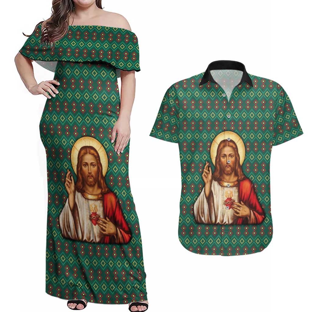 Sacred Heart Jesus Christmas Couples Matching Off Shoulder Maxi Dress and Hawaiian Shirt with Festive Green Knit Pattern - Wonder Print Shop