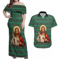 Sacred Heart Jesus Christmas Couples Matching Off Shoulder Maxi Dress and Hawaiian Shirt with Festive Green Knit Pattern - Wonder Print Shop