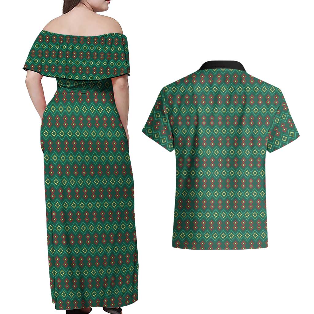 Sacred Heart Jesus Christmas Couples Matching Off Shoulder Maxi Dress and Hawaiian Shirt with Festive Green Knit Pattern - Wonder Print Shop