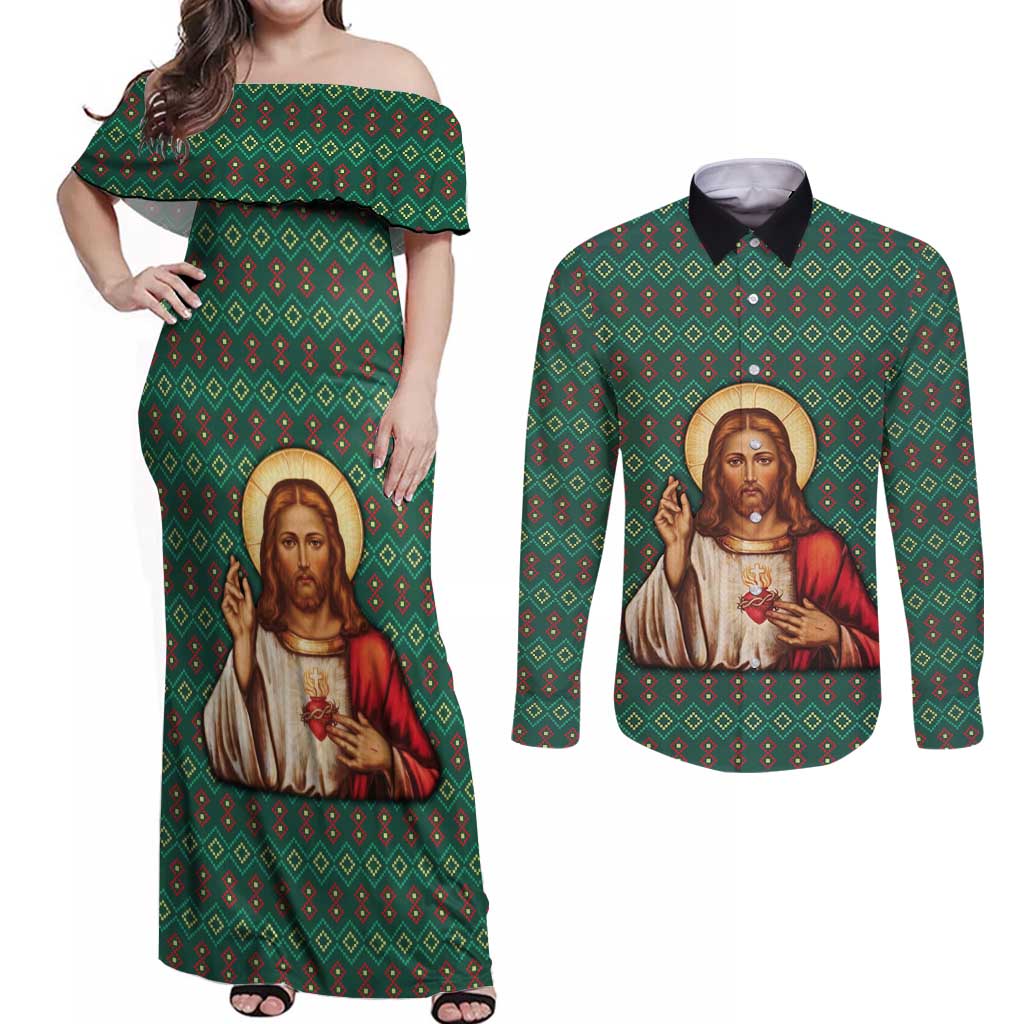 Sacred Heart Jesus Christmas Couples Matching Off Shoulder Maxi Dress and Long Sleeve Button Shirt with Festive Green Knit Pattern - Wonder Print Shop