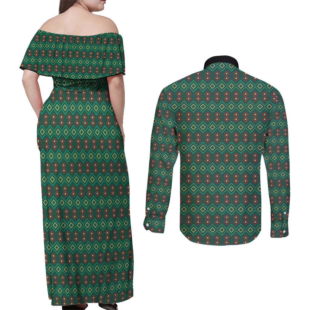 Sacred Heart Jesus Christmas Couples Matching Off Shoulder Maxi Dress and Long Sleeve Button Shirt with Festive Green Knit Pattern - Wonder Print Shop