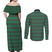 Sacred Heart Jesus Christmas Couples Matching Off Shoulder Maxi Dress and Long Sleeve Button Shirt with Festive Green Knit Pattern - Wonder Print Shop