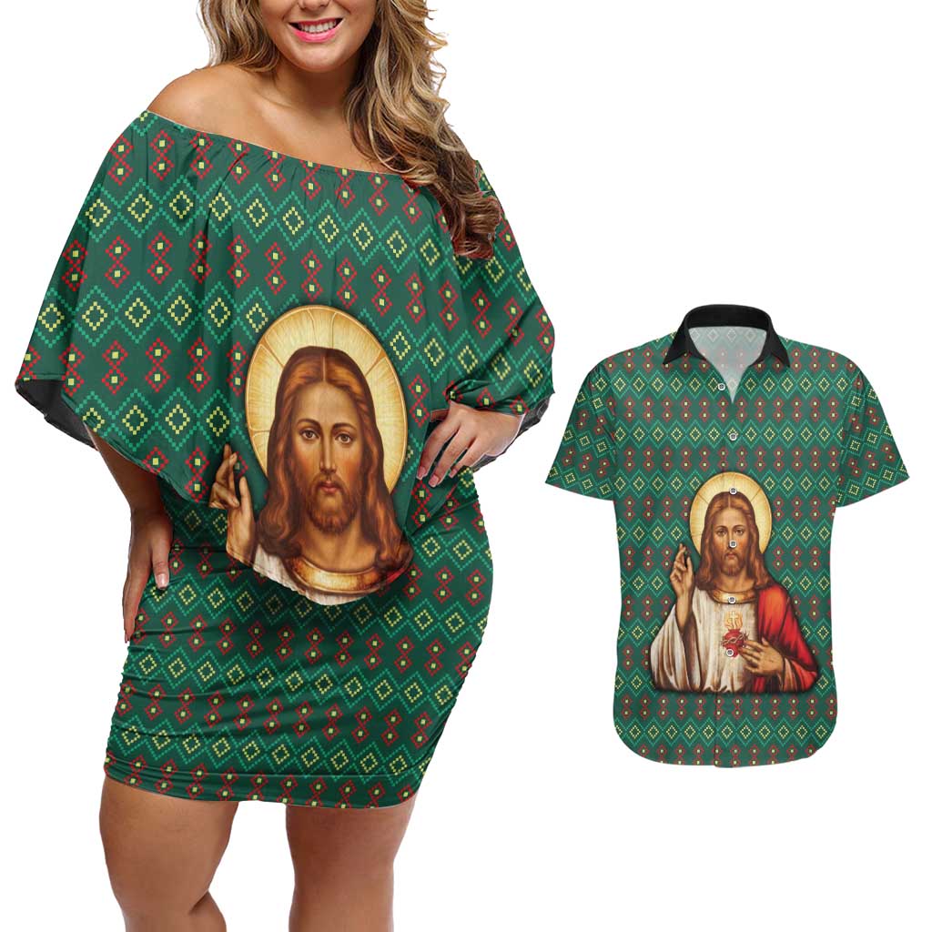 Sacred Heart Jesus Christmas Couples Matching Off Shoulder Short Dress and Hawaiian Shirt with Festive Green Knit Pattern - Wonder Print Shop