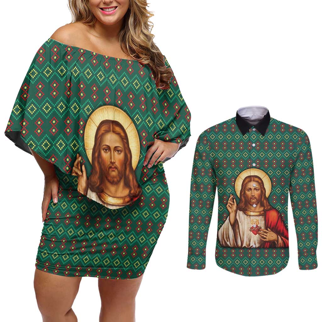Sacred Heart Jesus Christmas Couples Matching Off Shoulder Short Dress and Long Sleeve Button Shirt with Festive Green Knit Pattern - Wonder Print Shop