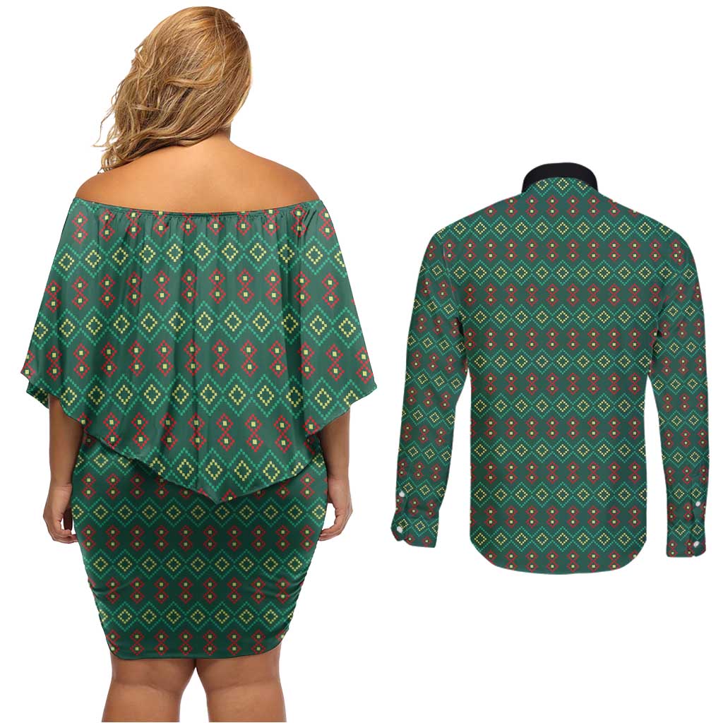 Sacred Heart Jesus Christmas Couples Matching Off Shoulder Short Dress and Long Sleeve Button Shirt with Festive Green Knit Pattern - Wonder Print Shop
