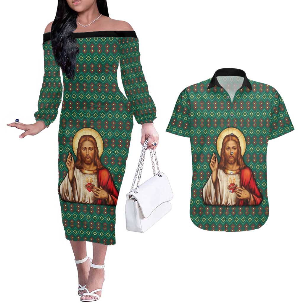 Sacred Heart Jesus Christmas Couples Matching Off The Shoulder Long Sleeve Dress and Hawaiian Shirt with Festive Green Knit Pattern - Wonder Print Shop