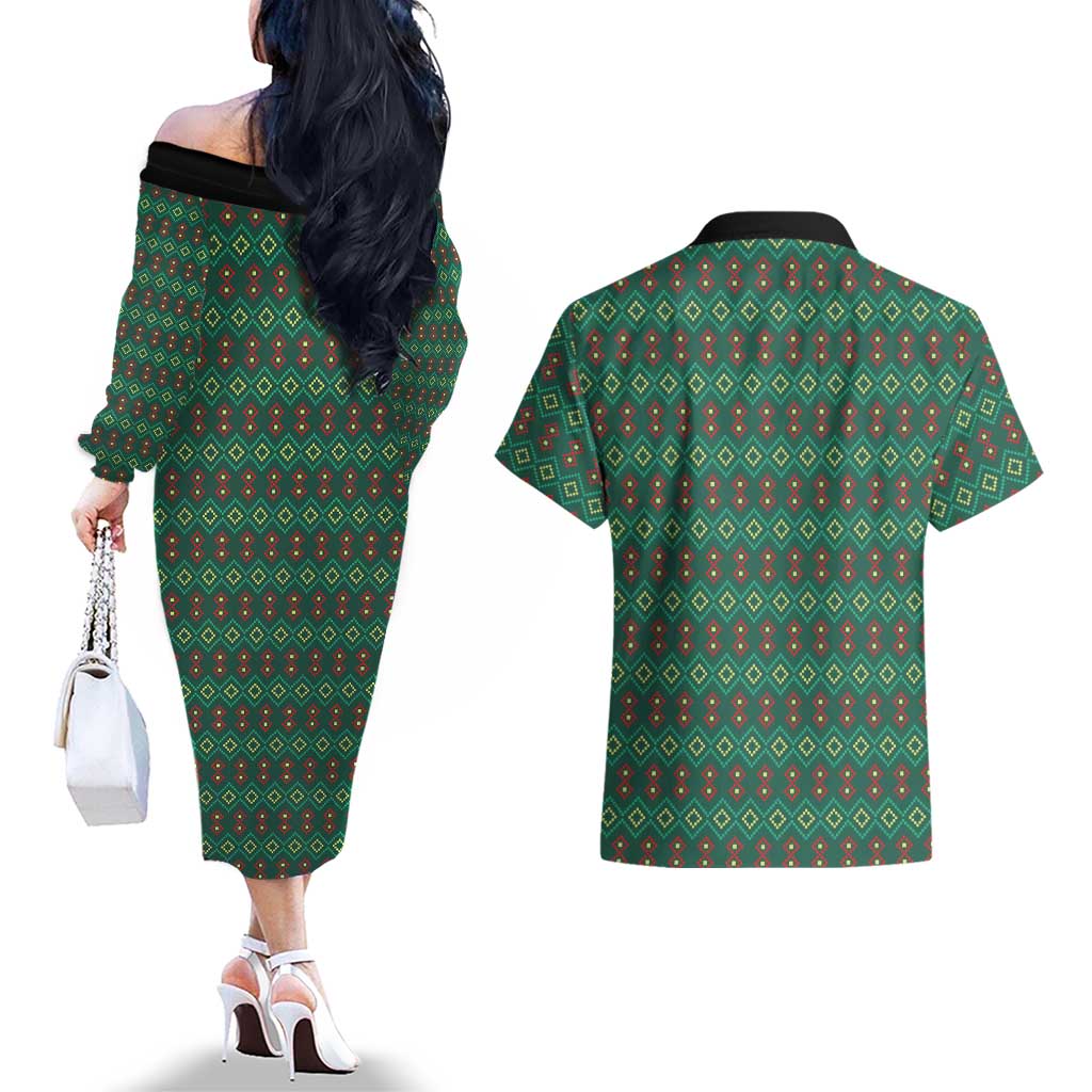 Sacred Heart Jesus Christmas Couples Matching Off The Shoulder Long Sleeve Dress and Hawaiian Shirt with Festive Green Knit Pattern - Wonder Print Shop