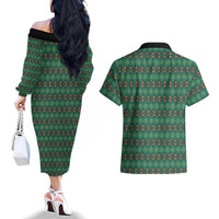 Sacred Heart Jesus Christmas Couples Matching Off The Shoulder Long Sleeve Dress and Hawaiian Shirt with Festive Green Knit Pattern - Wonder Print Shop